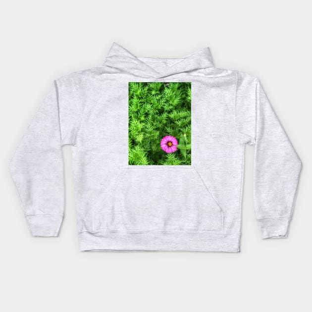 Pink Zinnia flower on yellow cosmos bush Kids Hoodie by FOGSJ